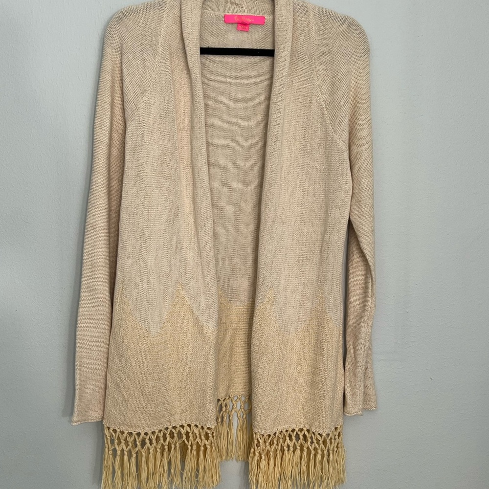 Lilly Pulitzer Beige/Gold Tatum Long Fringe Women’s Cardigan, M, worn once